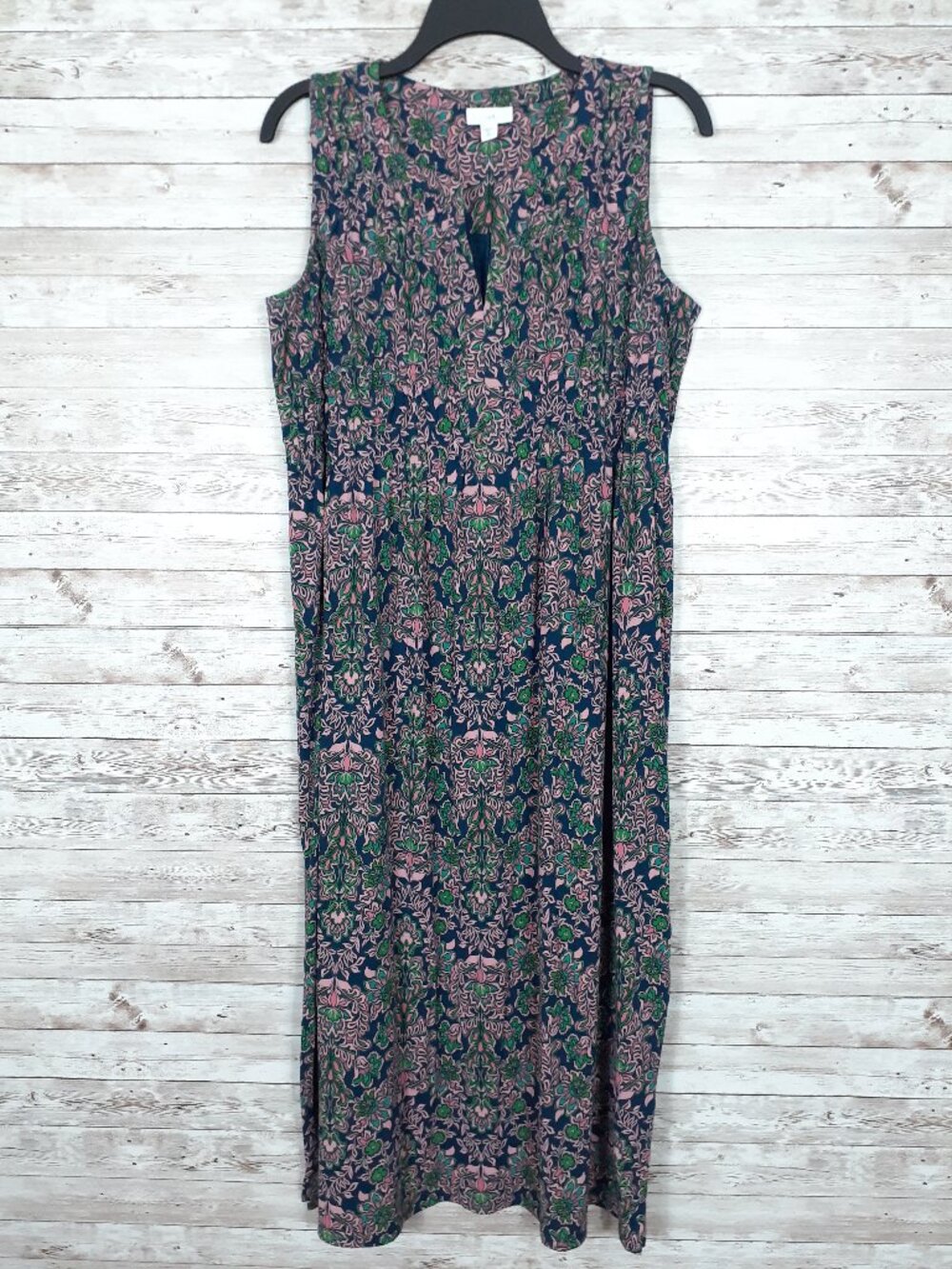 J Jill Sleeveless Maxi Dress M Petite Pleated Top Notch Neck Stretch 869A